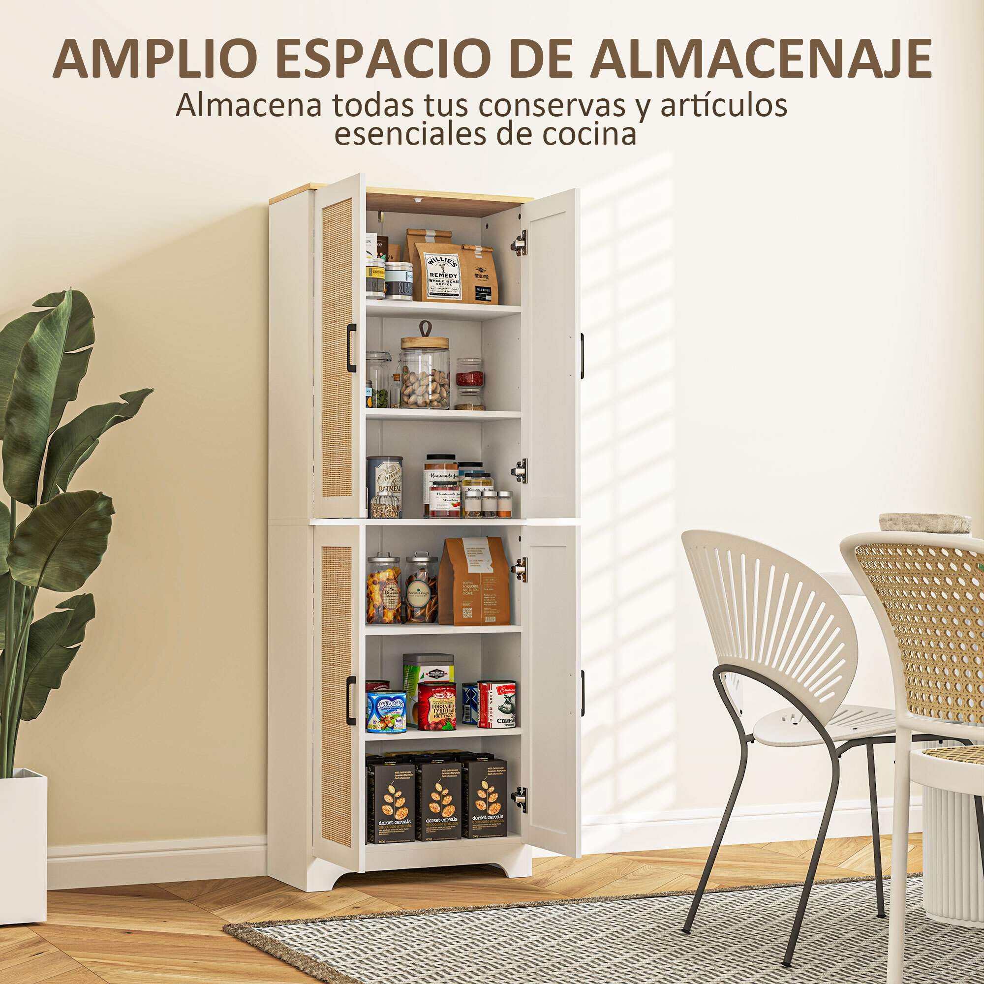Alacena de Cocina Aparador de Cocina Mueble Auxiliar de Cocina con Estantes Ajustables Puertas de Ratán y Sistema Anti-vuelco 60x30x170 cm Blanco
