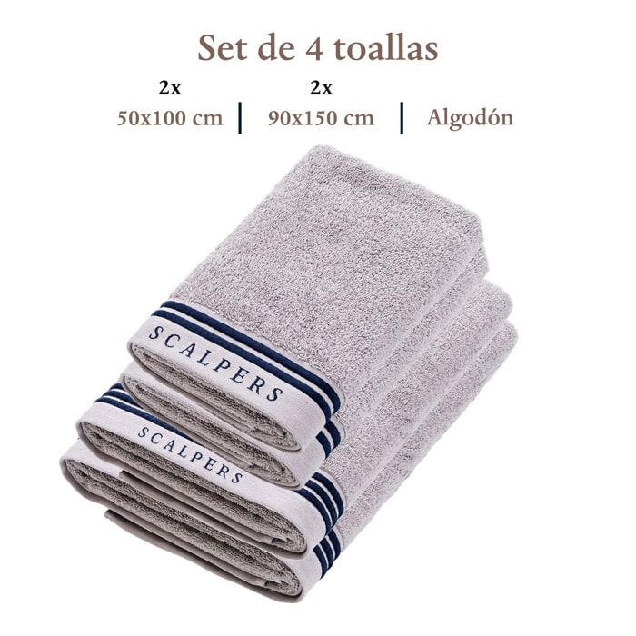 Set de 4 toallas: 2 de lavabo (100x50) y 2 de ducha (150x90), 100% algodón, 550gsm, en gris con rayas, scalpers home