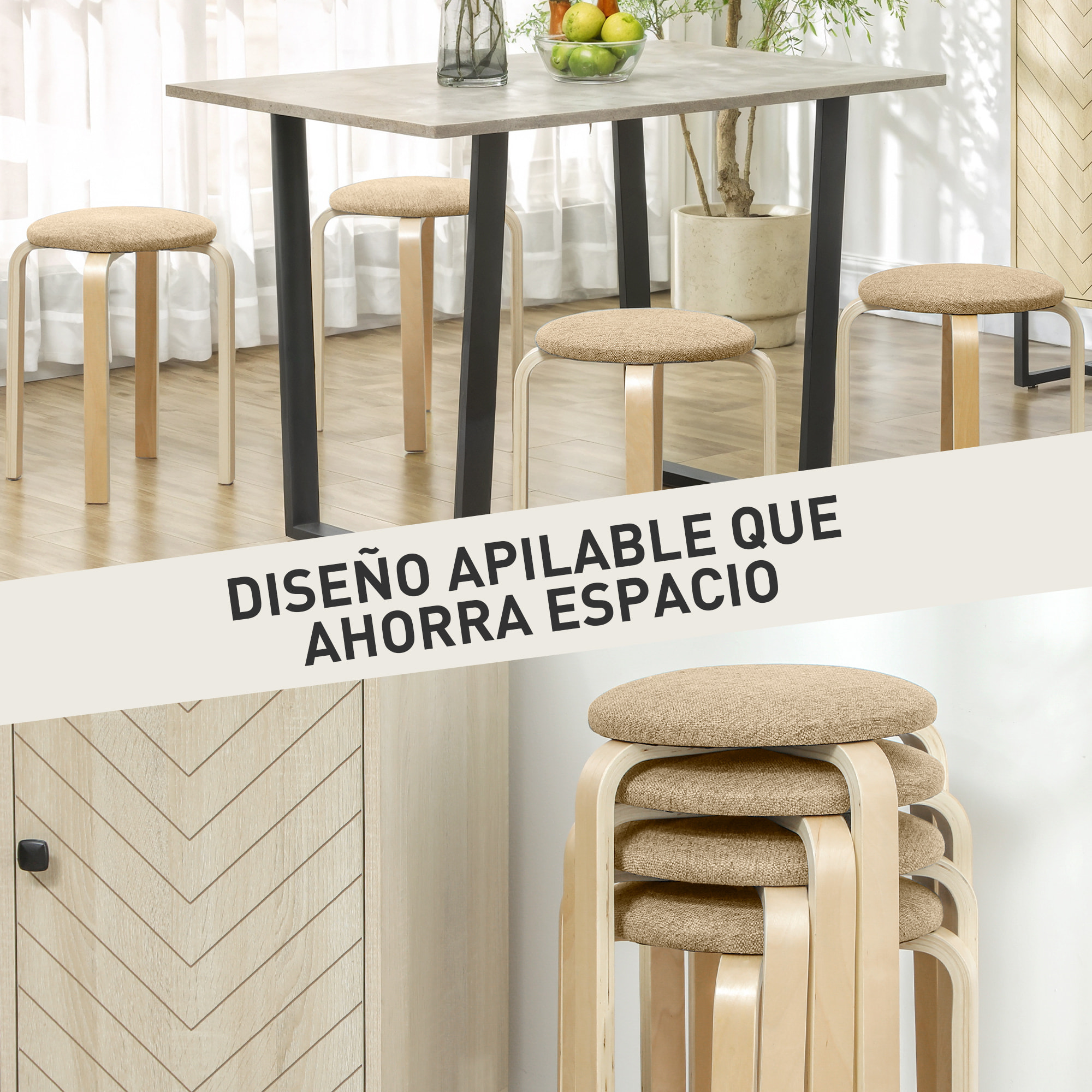 Juego de 4 Taburetes Apilables Redondos Taburetes Bajo de Cocina con Asiento Acolchado para Comedor Dormitorio Oficina Salón