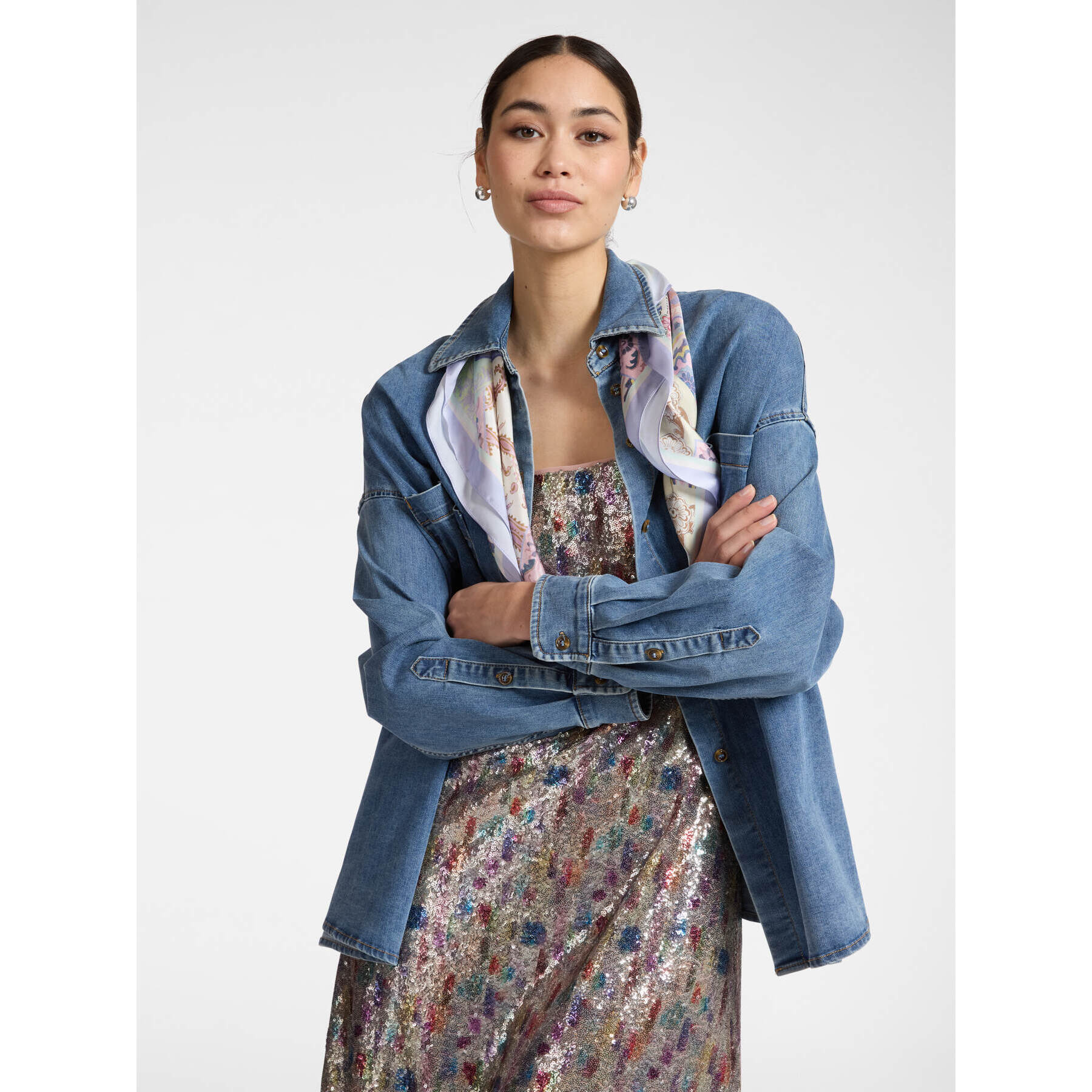 Elena Mirò - Camisa en denim lavado con pañuelo - Azul