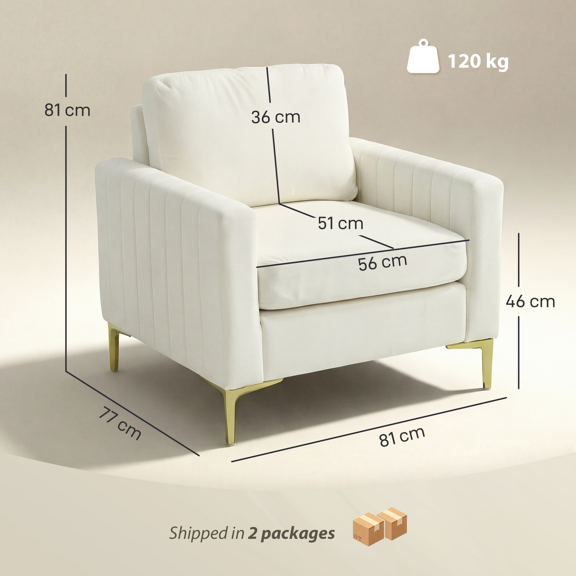 Butaca de Salón, Sillón Relax de 81 cm, Tapizado en Terciopelo, Cojines Gruesos, Patas de Metal, Estructura de Madera, para Sala de Estar, Dormitorio, Oficina, Crema
