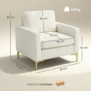 Butaca de Salón, Sillón Relax de 81 cm, Tapizado en Terciopelo, Cojines Gruesos, Patas de Metal, Estructura de Madera, para Sala de Estar, Dormitorio, Oficina, Crema