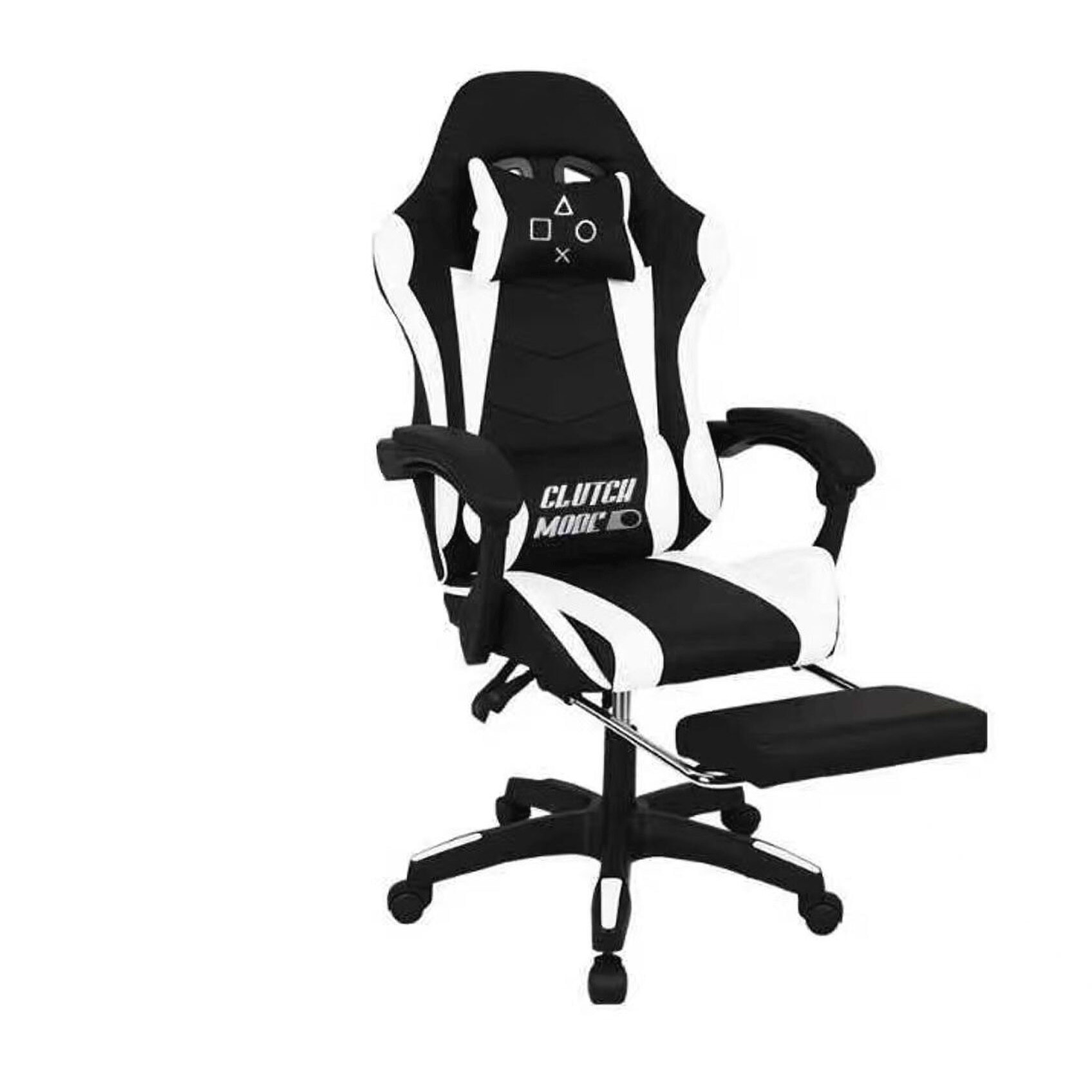 Clutch - Sedia da Gaming Ergonomica con Cuscino Lombare Poggiatesta e Poggiapiedi in PVC Nera e Bianca