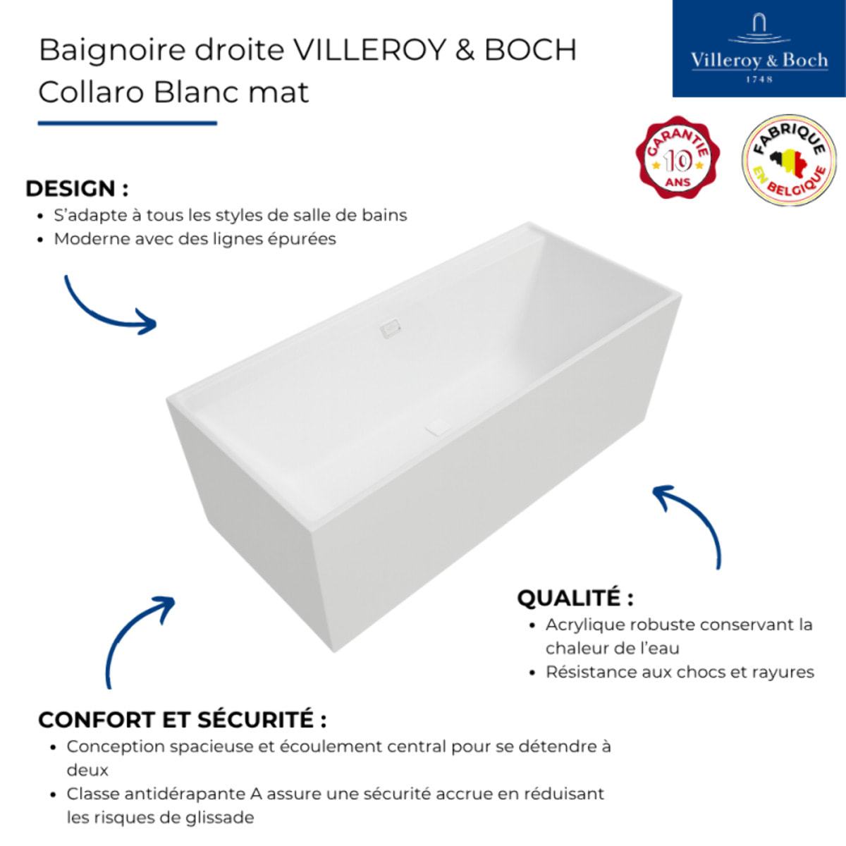 Baignoire droite VILLEROY & BOCH Collaro acrylique blanc mat avec vidage et trop plein blanc mat