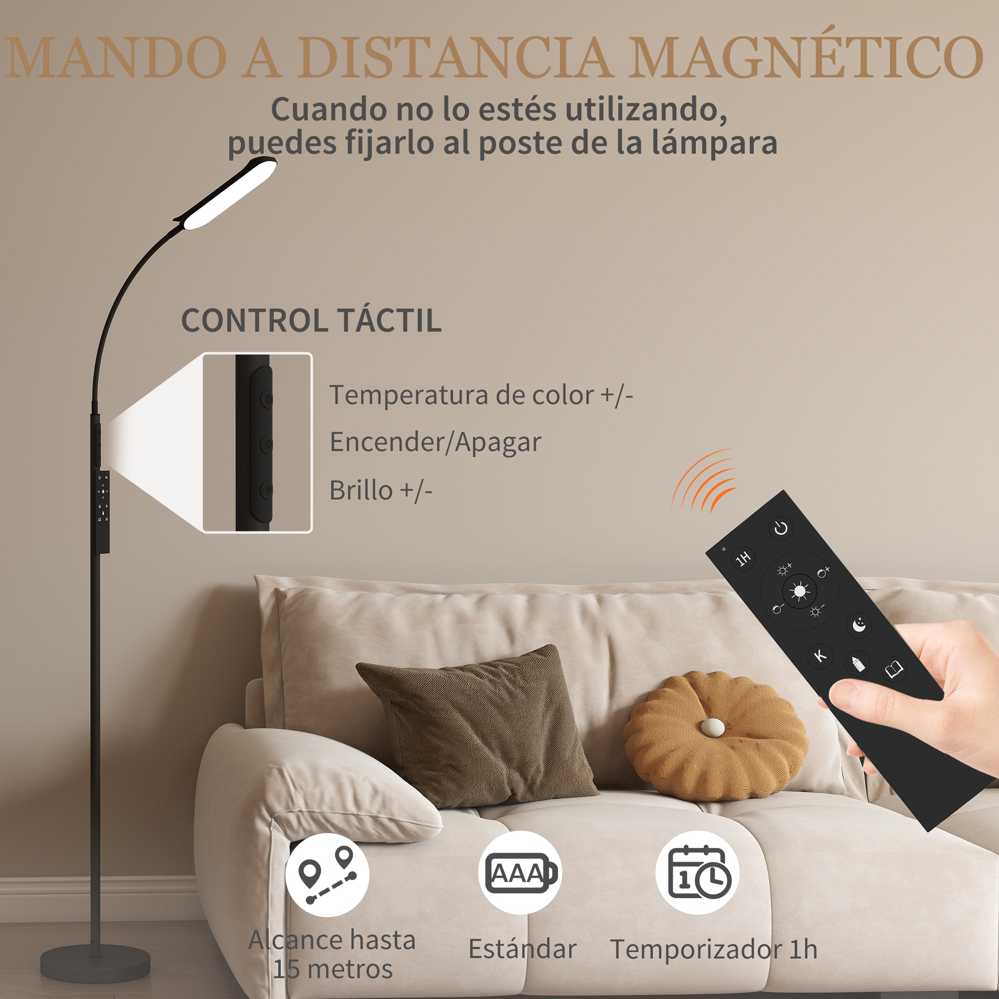 Lámpara de Pie LED Regulable Lámpara de Pie para Salón con Temperaturas de Color Ajuste Continuo Control Remoto y Táctil Temporizador de 60 Minutos Función Memoria Cuello Giratorio Negro