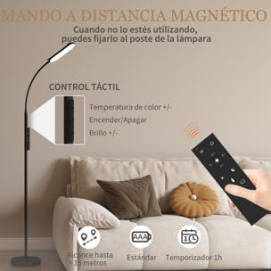 Lámpara de Pie LED Regulable Lámpara de Pie para Salón con Temperaturas de Color Ajuste Continuo Control Remoto y Táctil Temporizador de 60 Minutos Función Memoria Cuello Giratorio Negro