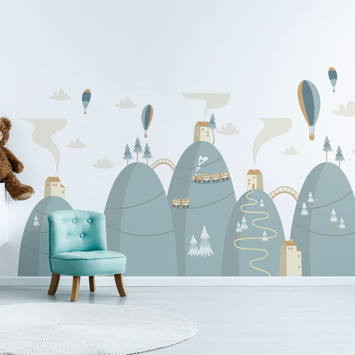 Stickers muraux enfants - Décoration chambre bébé - Autocollant Sticker mural géant enfant montagnes scandinaves MONTGOLFIÈRES HAUT DANS LE CIEL