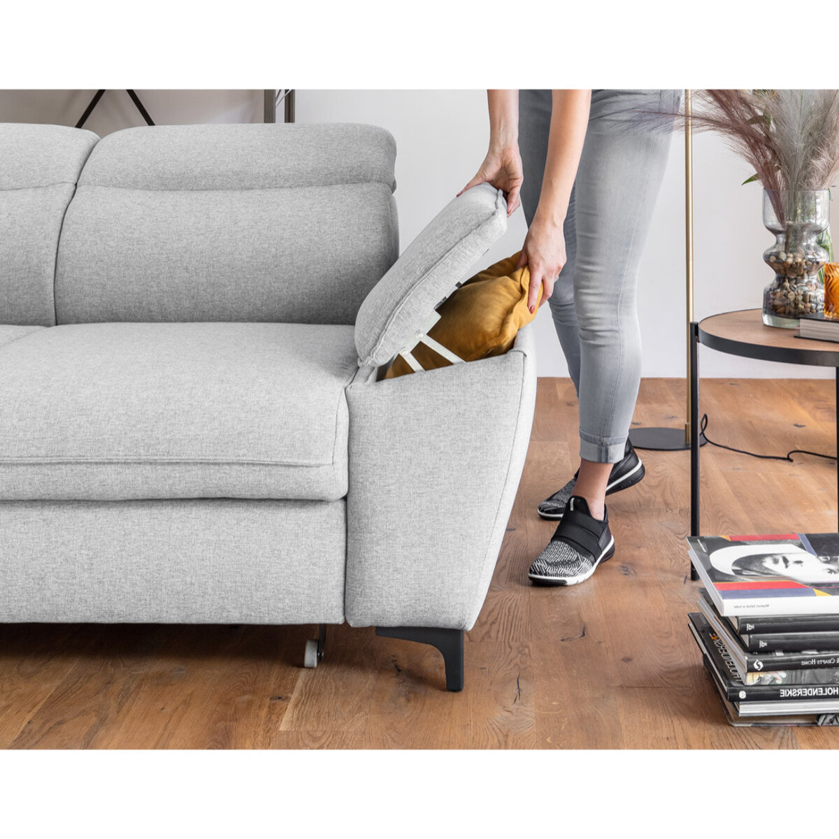 Clever - canapé d'angle gauche - 5 places - convertible avec coffre et têtières - en tissu - Gris clair