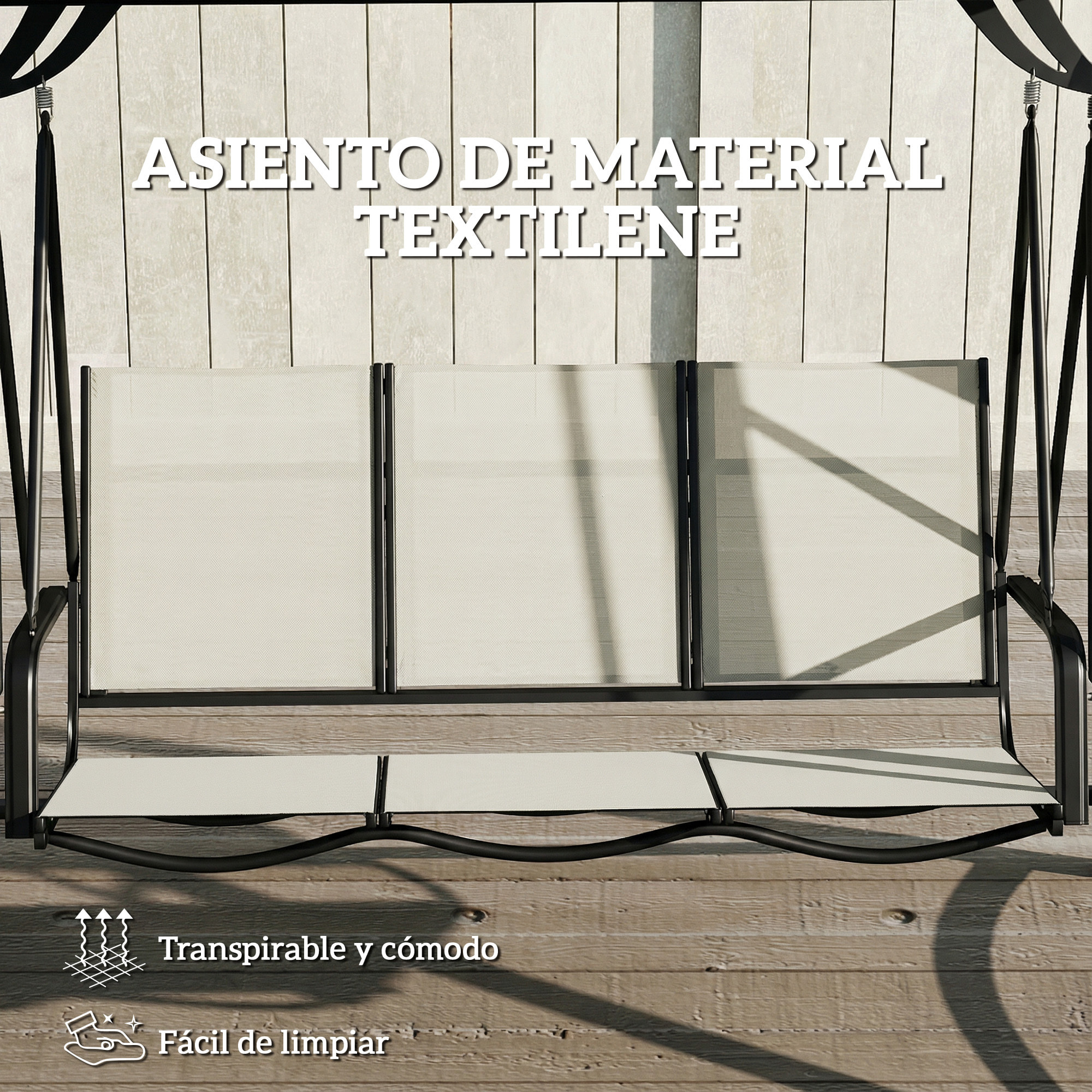 Columpio de Jardín de 3 Plazas, Balancín de Jardín Exterior con Techo Ajustable, UPF50+, Asiento Transpirable y Marco de Metal, para Patio, Terraza, Carga 360 kg, 188x130x183 cm, Blanco Crema