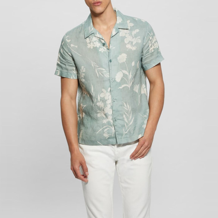 Chemise Island - coupe slim - 100% lin - motif fleuri - vert d'eau et blanc