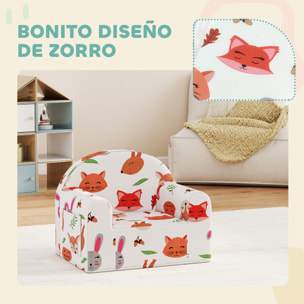 Sillón Infantil con Estampado de Zorros, Sofá para Niños de 18-36 Meses con Funda Extraíble y Lavable, Bolsillo Lateral, Reposabrazos, Carga 45 kg, Blanco