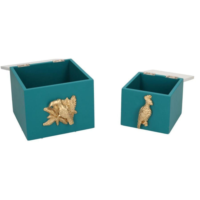 Set di 2 scatole in legno verde con foglie rettangolare cm12x13h10,5
