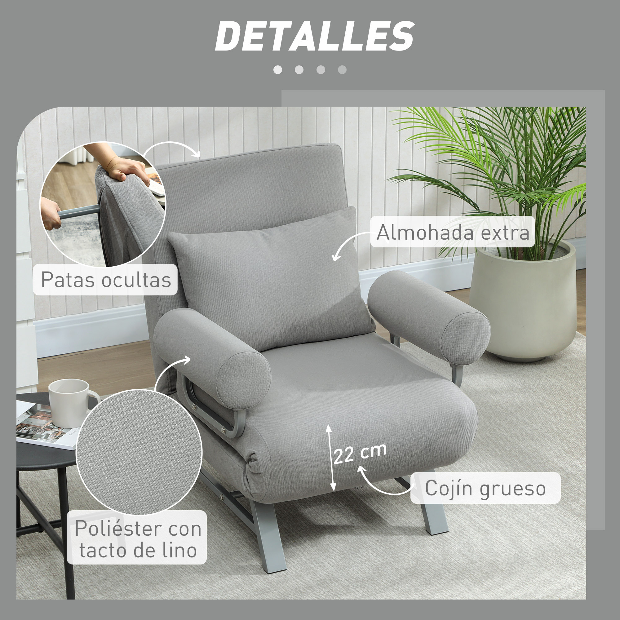 Sofá Cama de 1 Plaza 3 en 1, Sofá Cama Plegable Tapizado en Lino Sintético con Respaldo Ajustable de 5 Niveles y Almohada Acolchada, para Oficina, Dormitorio, Salón, 73x78x81 cm, Gris Claro