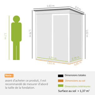 Abri de jardin 1,37 m² - cabanon porte verrouillable - tôle d'acier ondulé gris blanc