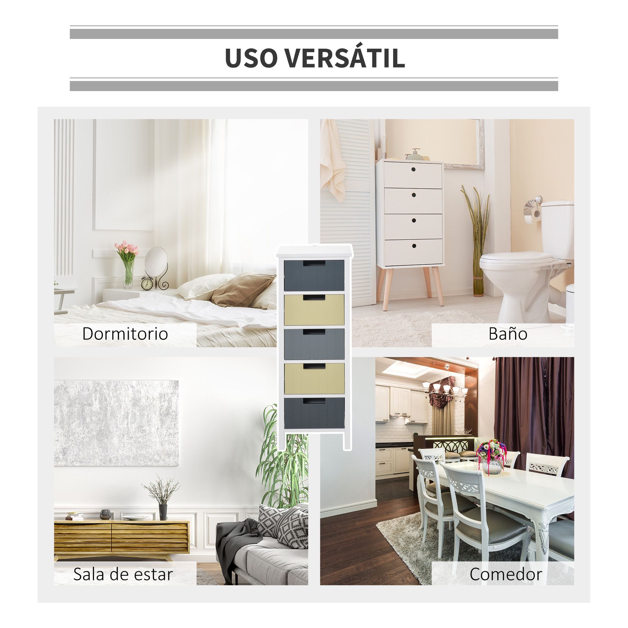 HOMCOM Cómoda de Madera con 5 Cajones Cajonera Auxiliar de Almacenaje con Patas Elevadas Estilo Moderno para Dormitorio Salón Baño 35x28x90,5 cm Multicolor