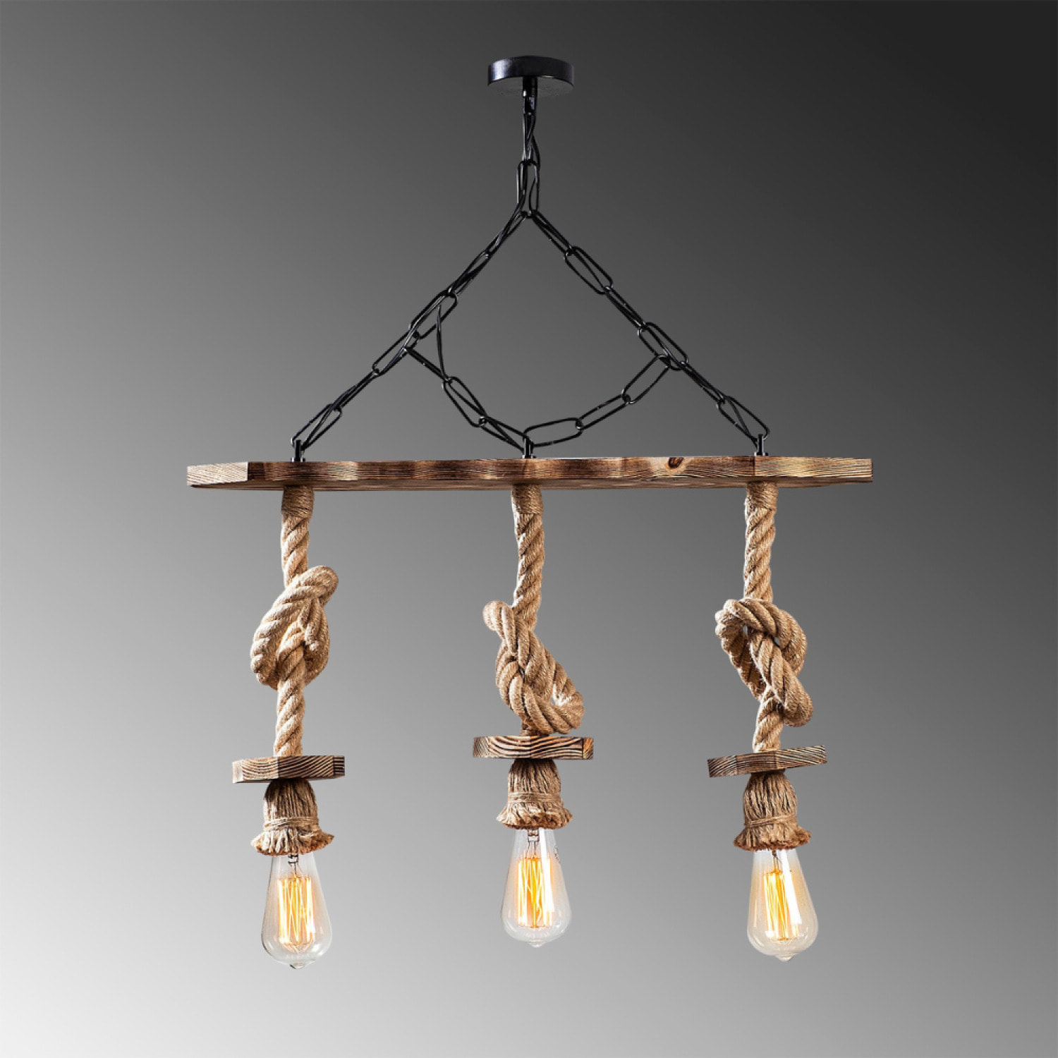 CASABLANCA - Suspension rustique filaire 3 lampes cordes et bois