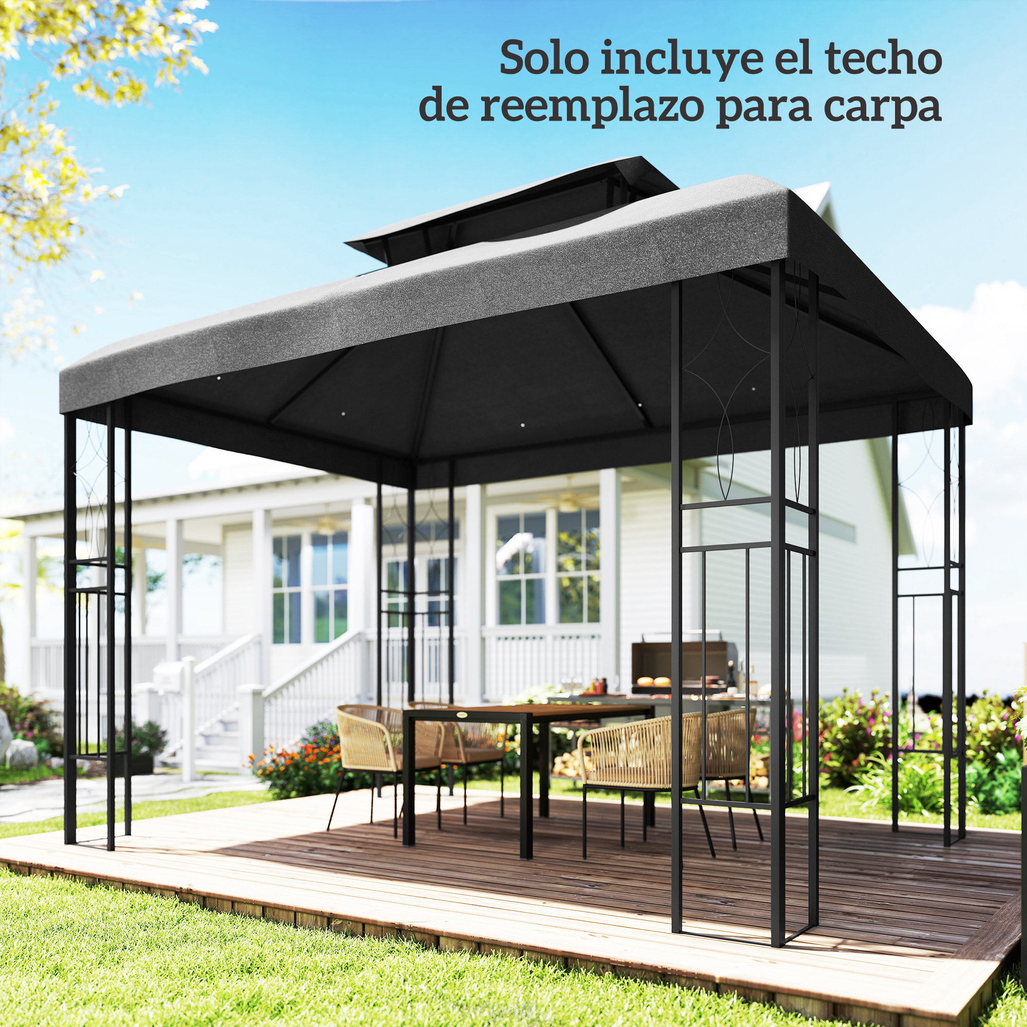 Techo de Repuesto para Cenador, 4x3 m, Cubierta de Repuesto con Techo Doble, 10 Orificios de Drenaje y Protección UV, SOLO Toldo de Recambio para Pabellón Gazebo, Gris Oscuro