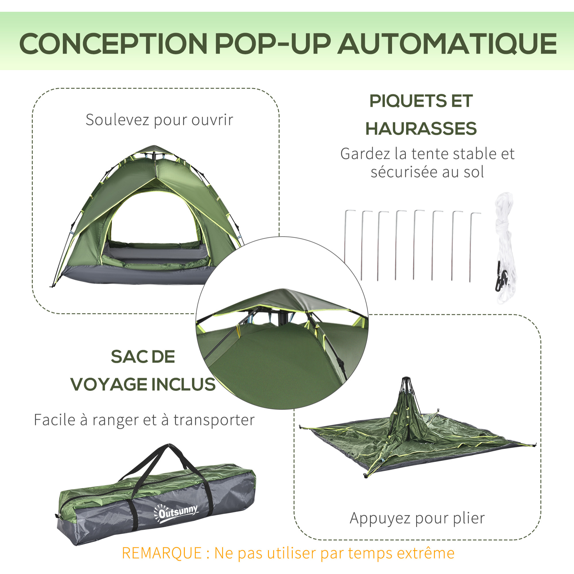 Tente de camping pop up 2-3 personnes 2 portes vert kaki montage démontage facile sac de transport inclus fibre verre polyester