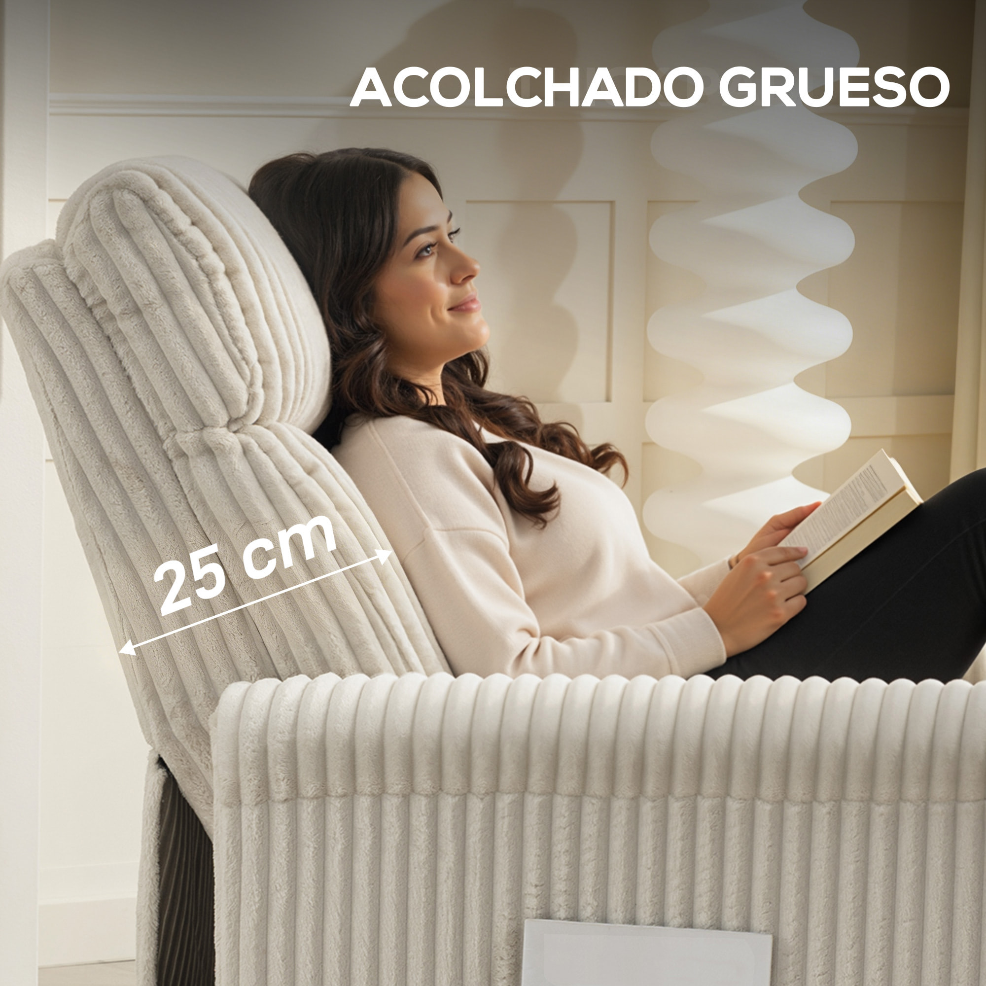Sillón Relax Reclinable, Sillón Reclinable Manual, Tapizado en Pana, Instalación Rápida, Reposapiés, Acolchado Grueso, para Salón, Dormitorio, Oficina, Crema