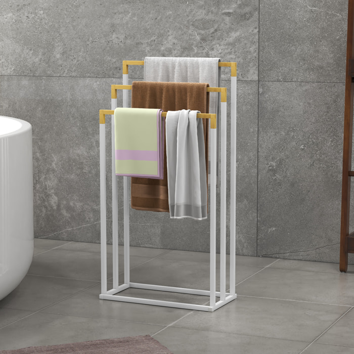 Toallero Escalera de 3 Niveles Toallero de Pie con 3 Barras de Bambú y Marco de Acero Toallero para Baño Lavadero 45x22,5x86 cm Blanco y Natural