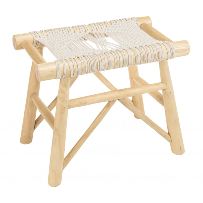 WILL - Tabouret en branches de teck naturel assise en macramé blanc