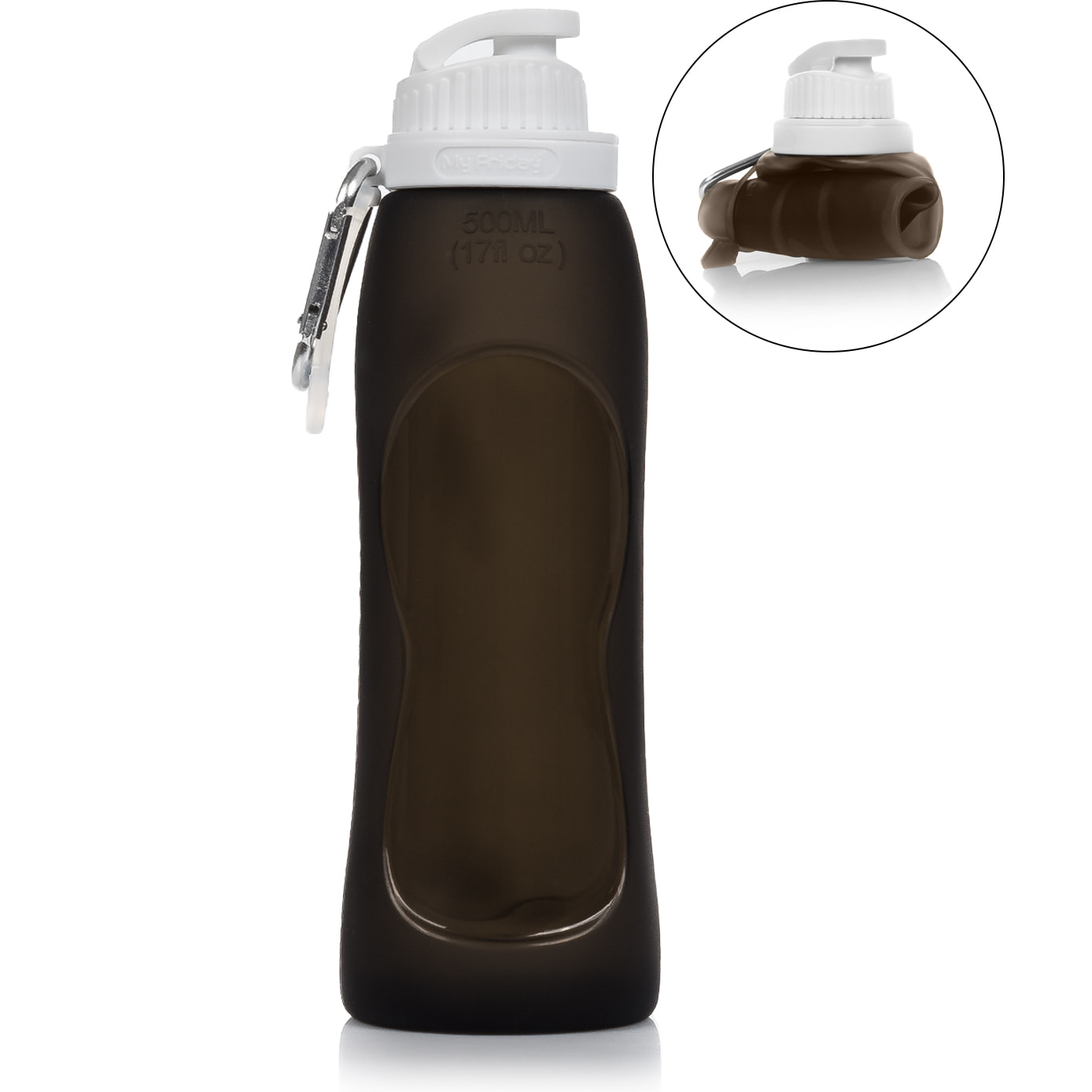 Bottiglia pieghevole arrotolabile da 500ml, in silicone di grado alimentare. Con moschettone.