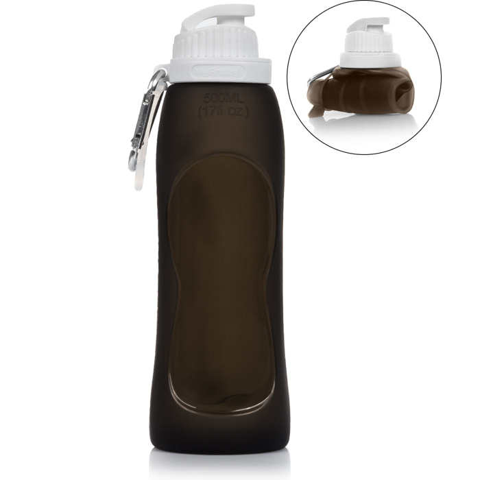 Bottiglia pieghevole arrotolabile da 500ml, in silicone di grado alimentare. Con moschettone.