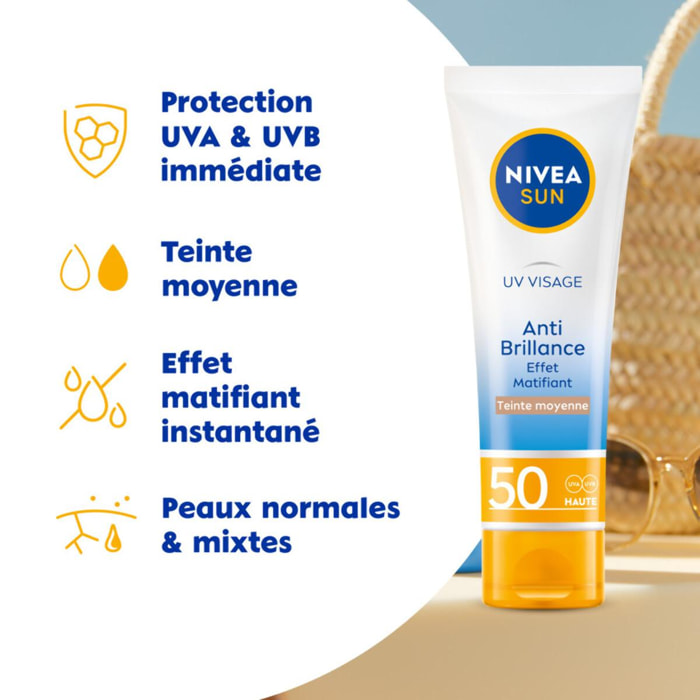 Pack de 2 - Protection solaire UV Visage NIVEA SUN FPS 50 Anti-Brillance teintée 50ml