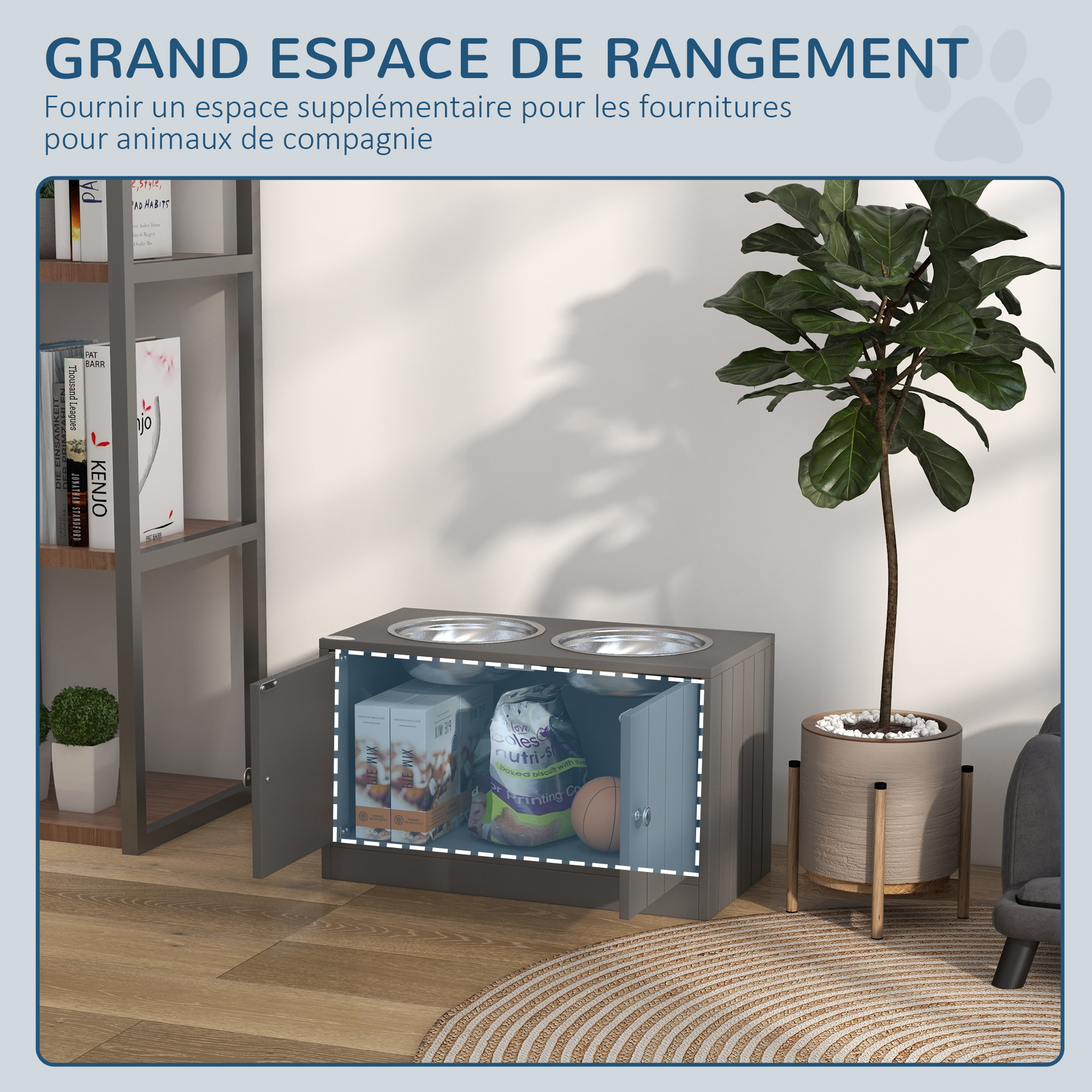 Gamelle double chien chat - porte-gamelles surélevé armoire 2 en 1 - 2 portes, 2 gamelles - acier inox. MDF gris