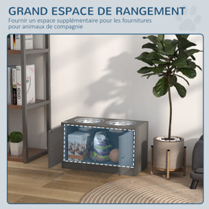 Gamelle double chien chat - porte-gamelles surélevé armoire 2 en 1 - 2 portes, 2 gamelles - acier inox. MDF gris
