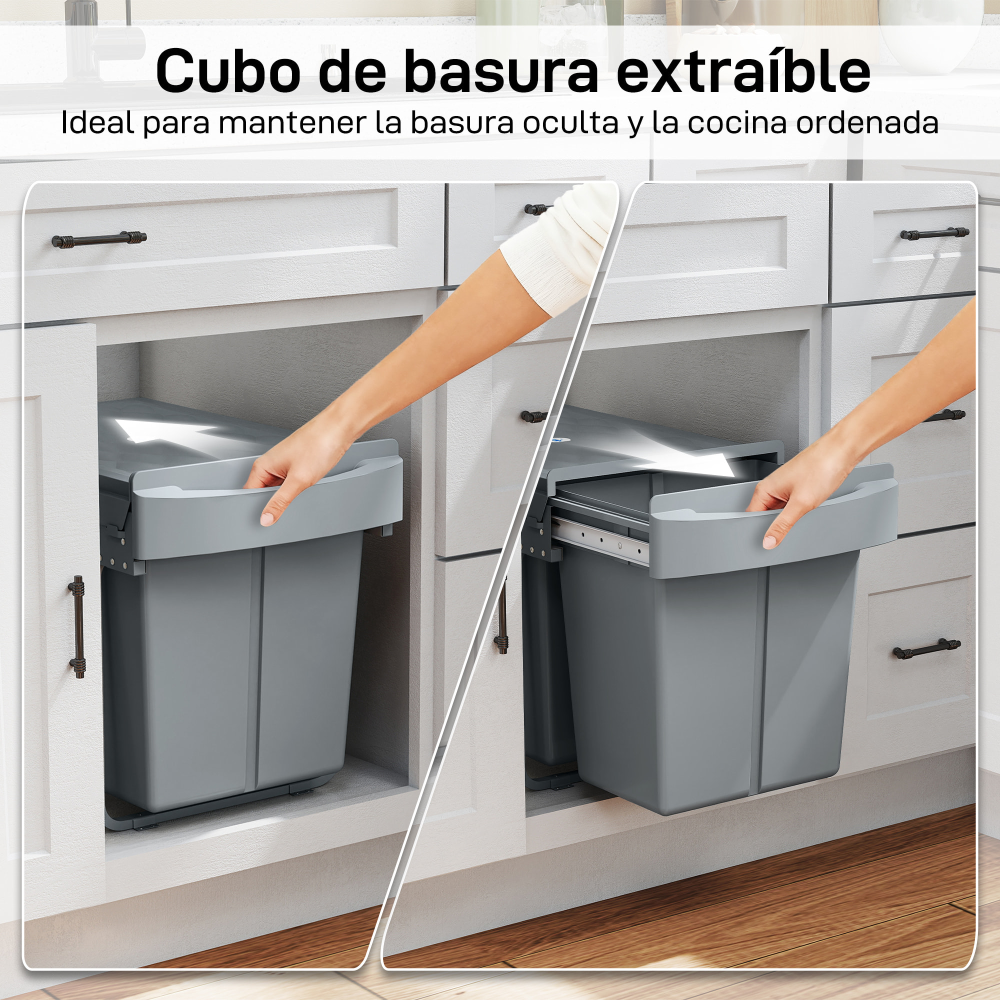 Cubo de Basura bajo Fregadero, Cubo de Basura Cocina, 2 Contenedores de Reciclaje Extraíble, 2 x 20 L, Deslizamiento Suave, Asa, Tapa con Patrón de Diamante, Gris