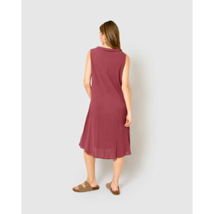 Vestido midi cuello drapeado algodón lino malva