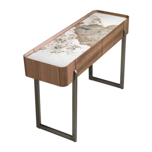 Consola rectangular en madera chapada en nogal natural y tapa de mármol porcelánico blanco con vetas en tonos tierra en brillo 120x40x76cm