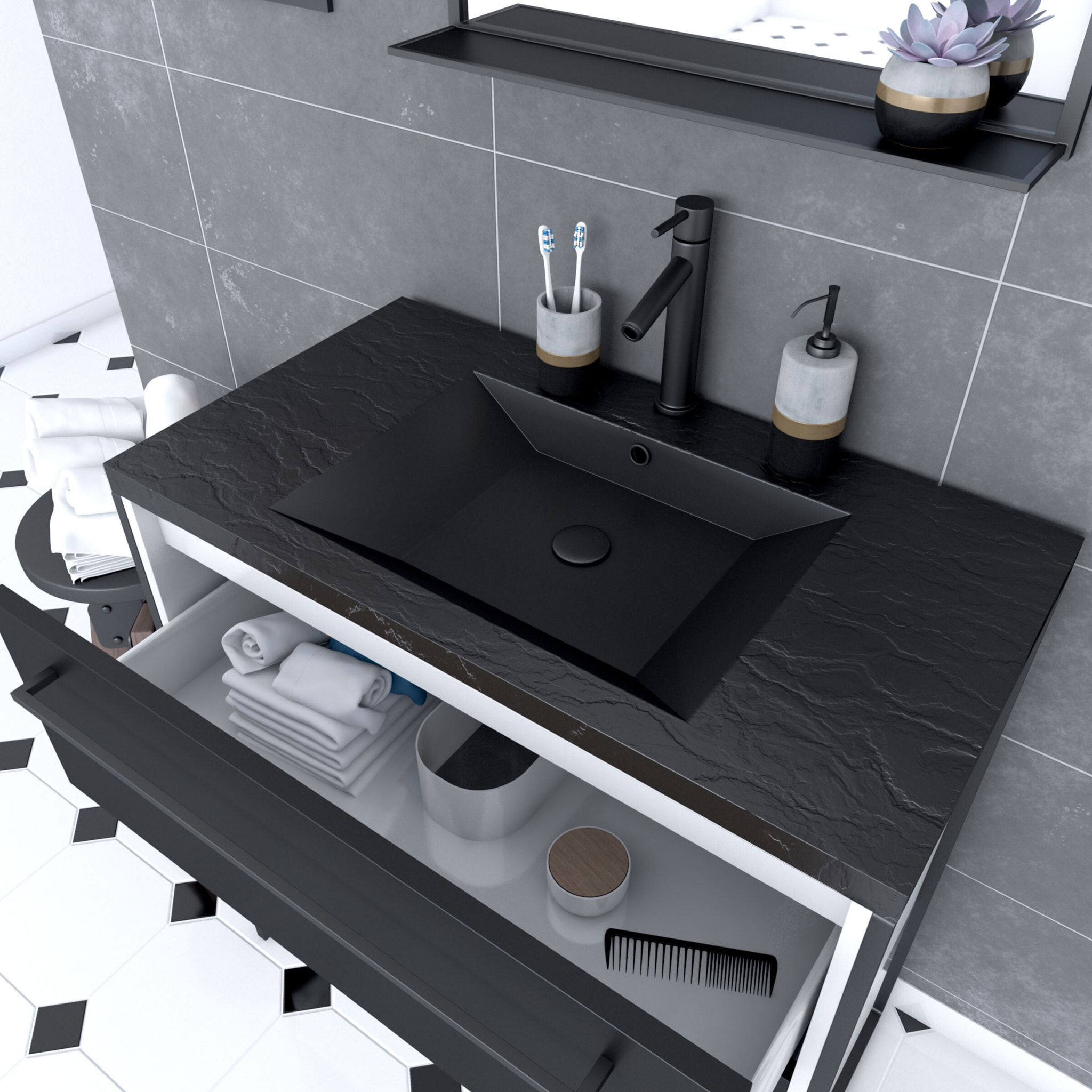 Meuble de salle de bain 80x50 cm Blanc - 2 tiroirs noir mat - vasque noire effet pierre - miroir