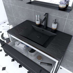 Meuble de salle de bain 80x50 cm Blanc - 2 tiroirs noir mat - vasque noire effet pierre - miroir