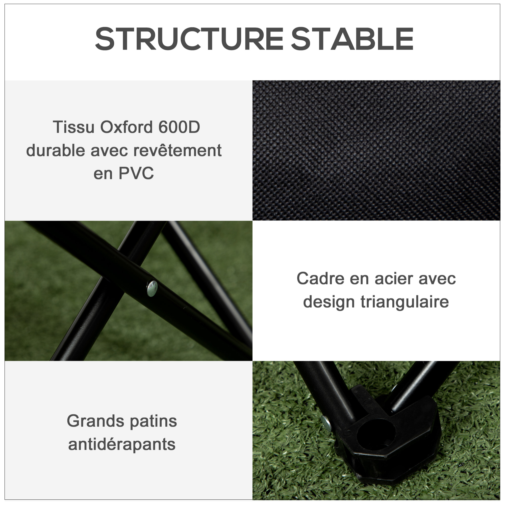 Chaise de camping pliable avec sac de transport et pochette de rangement acier oxford noir