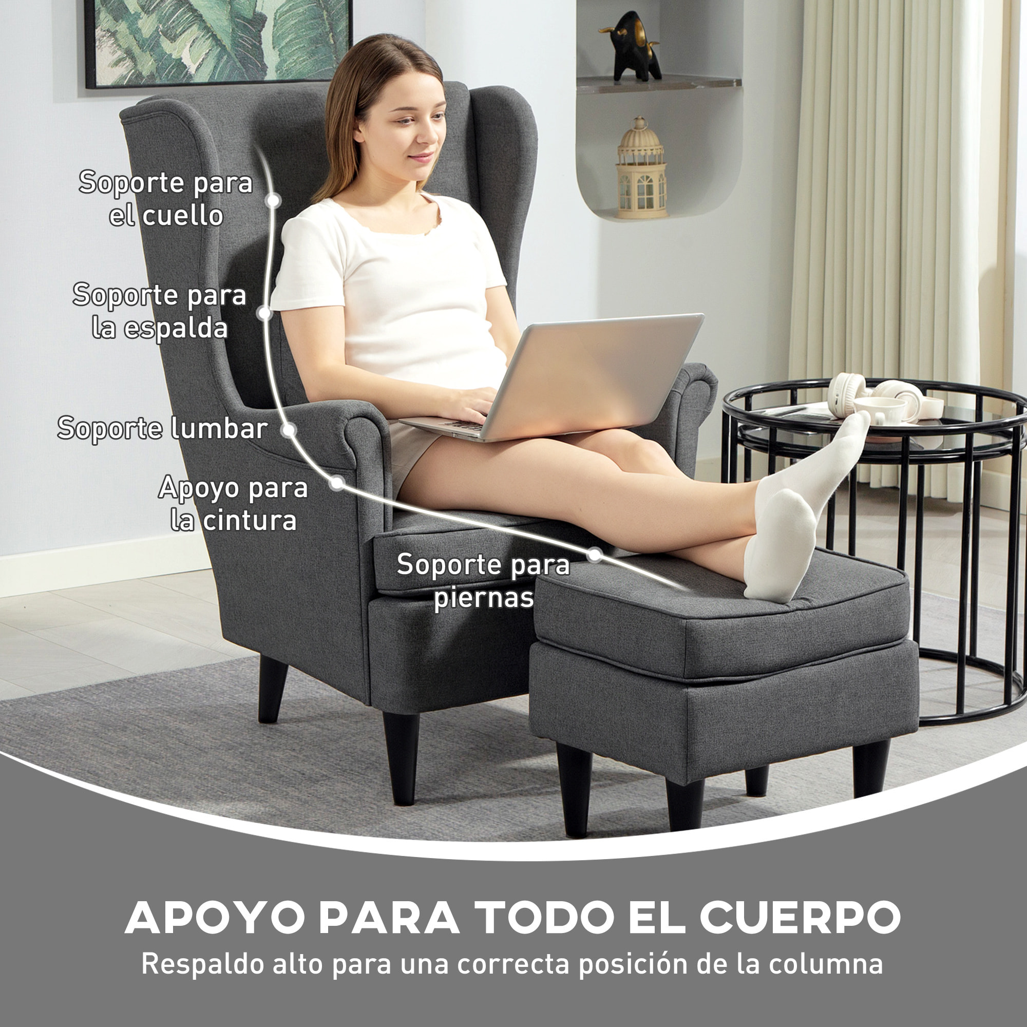 Sillón con Reposapiés Sillón Lectura con Respaldo Alto Capitoné Patas de Madera Almohada Acolchada y Tapizado en Lino Butaca para Salón Dormitorio Oficina Gris Oscuro