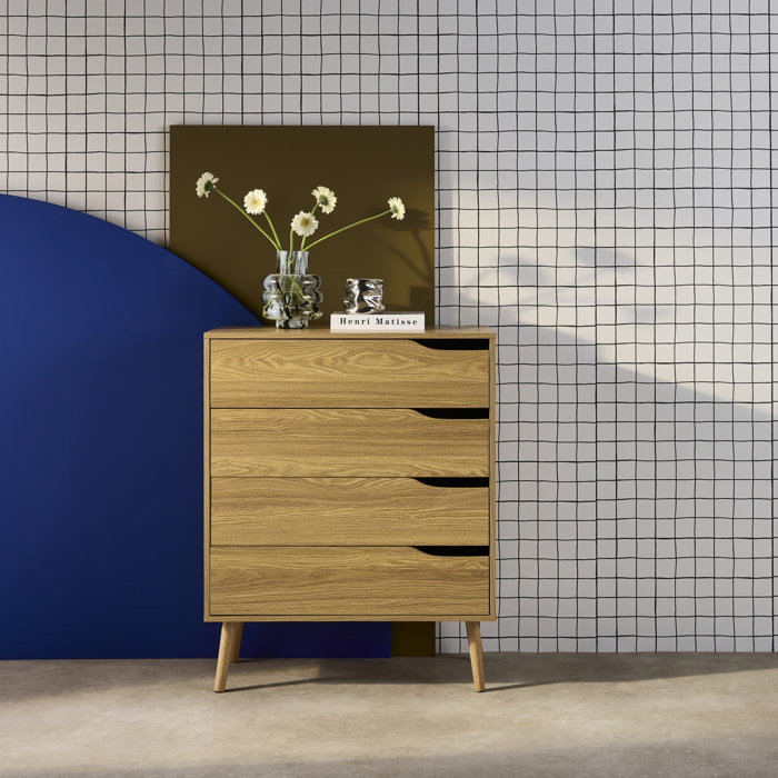 Commode effet frêne. 4 tiroirs. pieds en pin massif