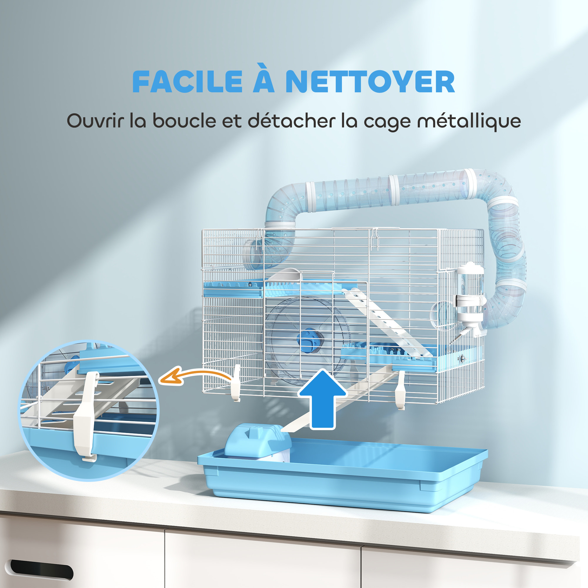 Cage pour hamster portable 2 portes 2 étages nombreux accessoires et tubes blanc bleu