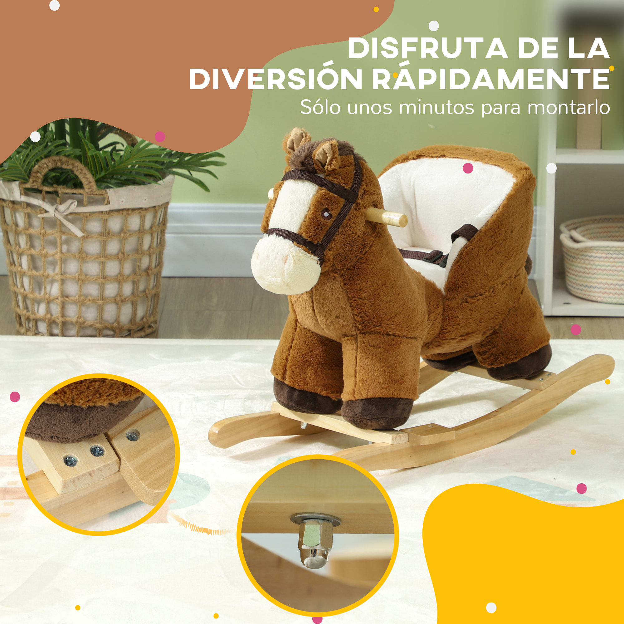 Caballo Balancín para Niños de 18-36 Mesas Caballo de Juguete con Sonido Asas Cinturón de Seguridad y Base de Madera Carga 25 kg 68x33x45 cm Marrón