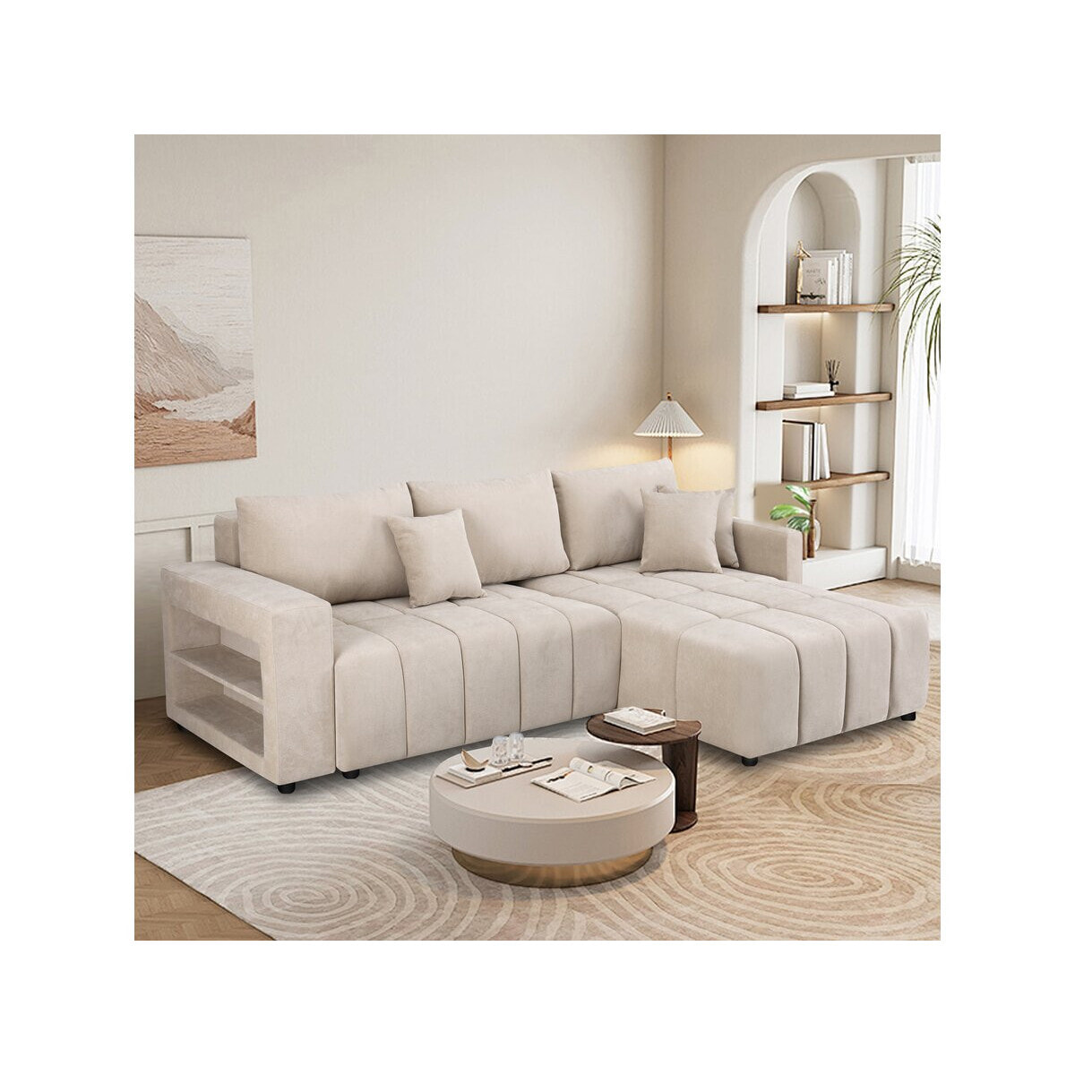 Canapé d'angle convertible tissu chenille 3 places - "Trocadero" - Beige