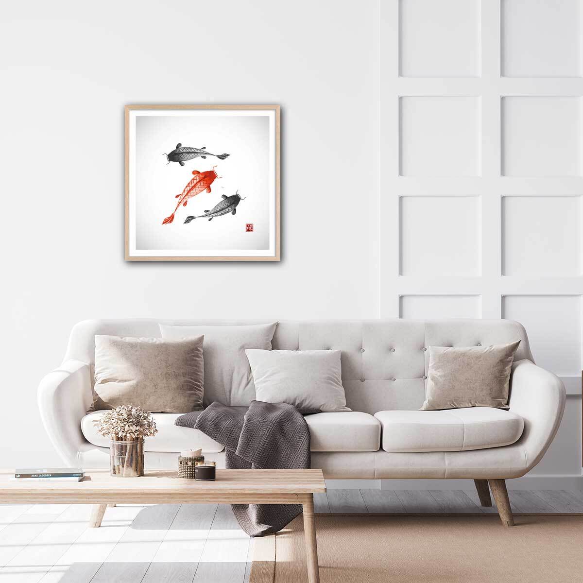 Affiche dessin carpes koï Affiche + cadre en bois - Chêne