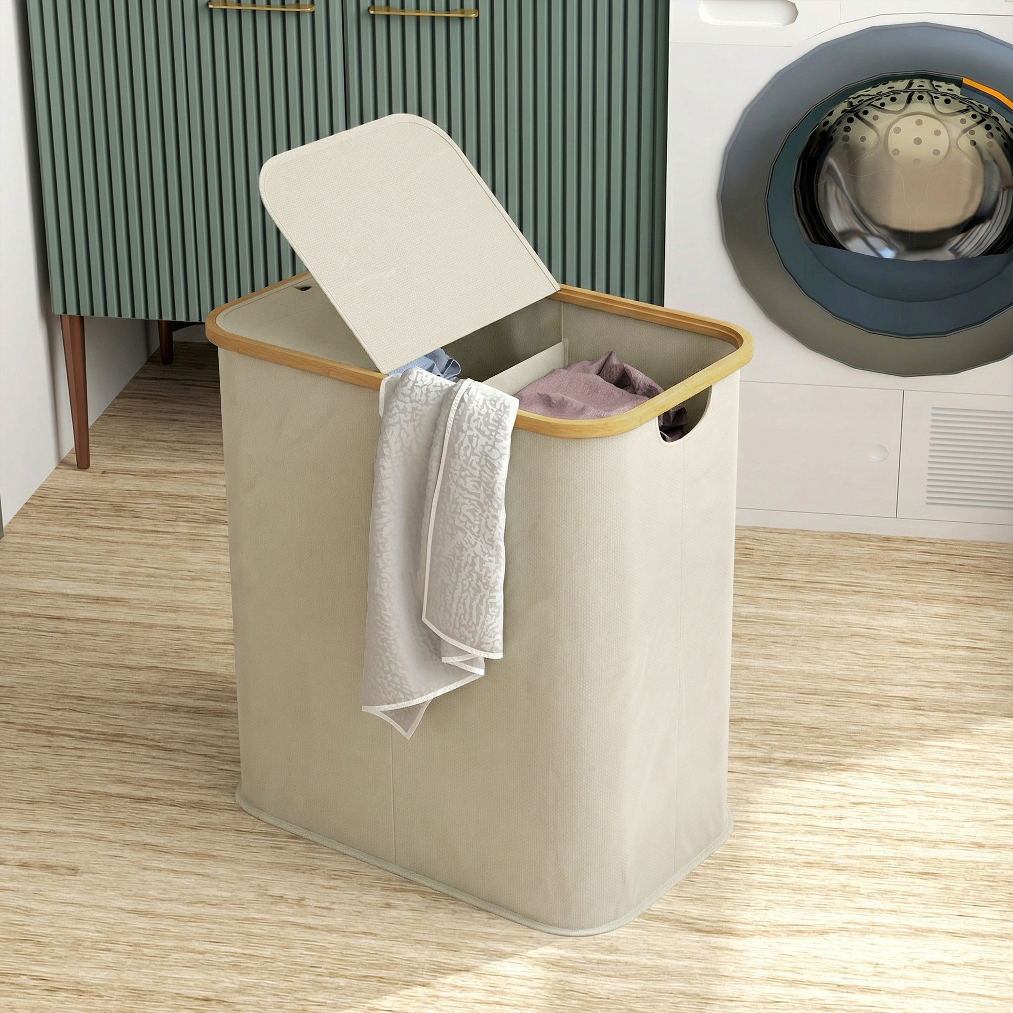 Cesto de Ropa Sucia con Tapa, 80L, Cesta de Ropa Sucia Plegable de Tela no Tejida, Marco de Bambú, con 2 Compartimentos, Asas de Ranura, para Lavandería, 54x34x58,5 cm, Beige