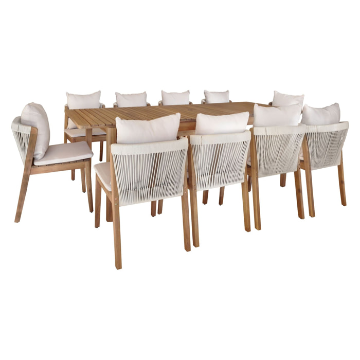 Ensemble de jardin table et 10 chaises en bois avec coussin FIDJI