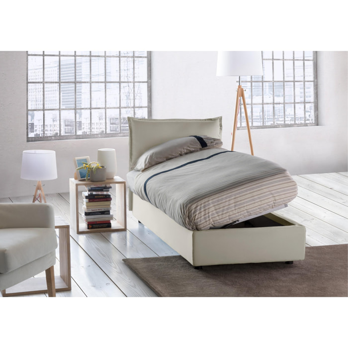 Letto singolo Luna, Letto contenitore con rivestimento in tessuto, 100% Made in Italy, Apertura laterale, adatto per materasso Cm 80x190, Beige