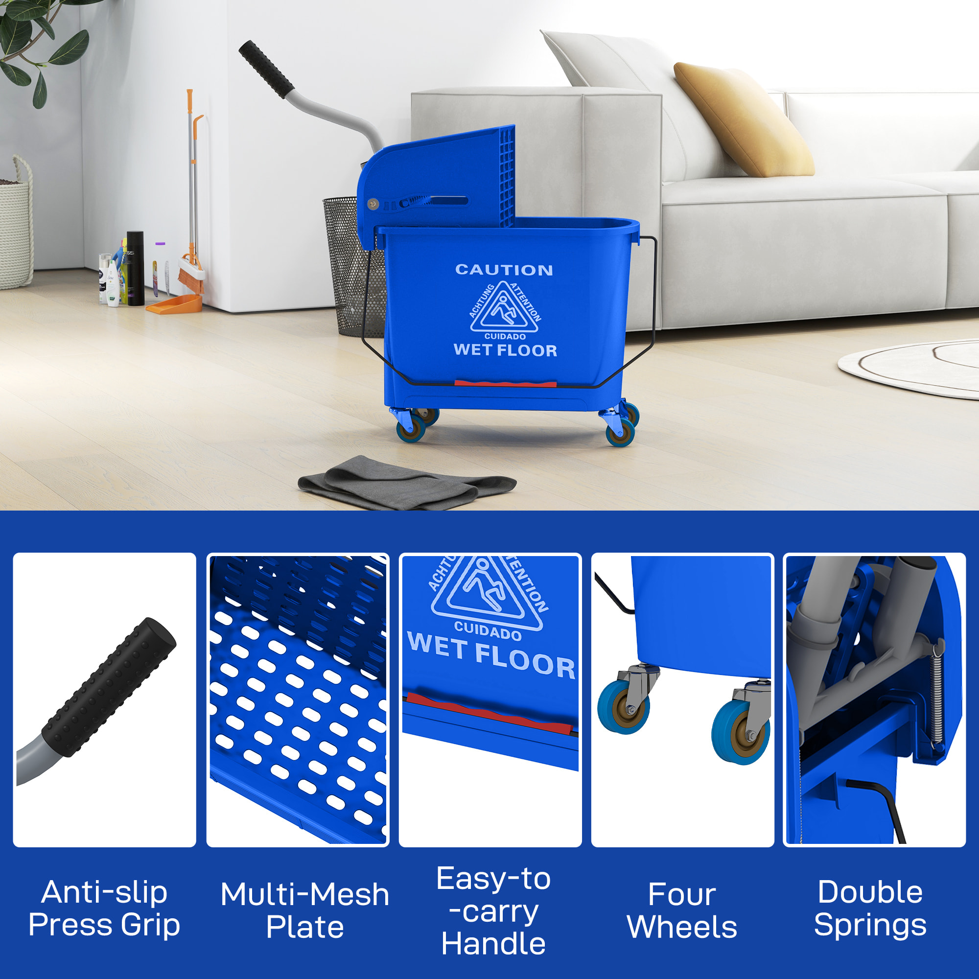 Cubo de Fregona con Ruedas, 20 L, Cubo de Fregar con Sistema de Escurridor y Asa de Transporte, para Doméstico y Comercial, Azul