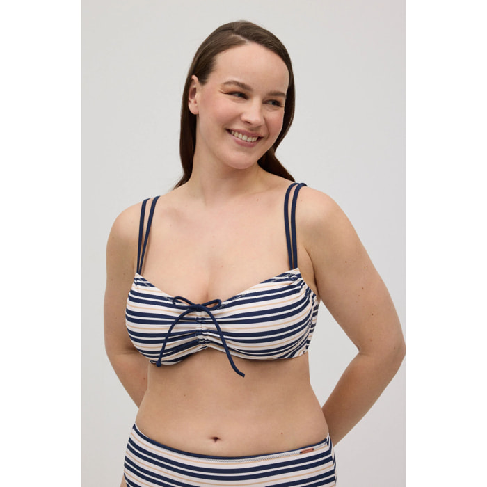 Top bikini snellente a righe blu scuro per coppe grandi D e F
