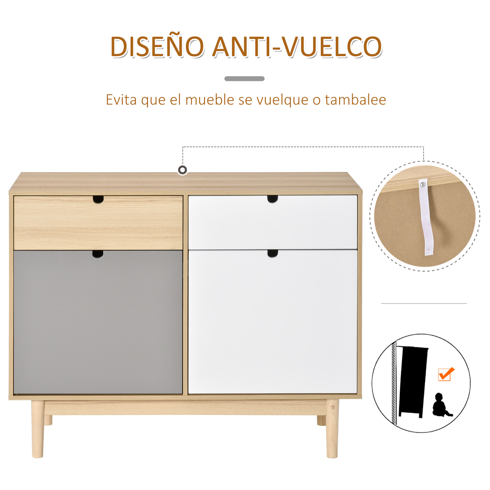 HOMCOM Aparador Auxiliar Mueble de Almacenamiento de Salón con 2 Armarios Cerrados y 2 Cajones Patas Elevadas de Madera de Pino para Cocina Dormitorio Entrada 100x40x79,5 cm Multicolor