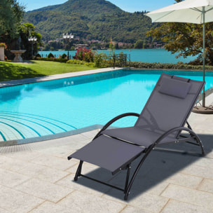 Bain de soleil transat design contemporain inclinable multi-positions repose-pied réglable tétière incluse alu textilène gris