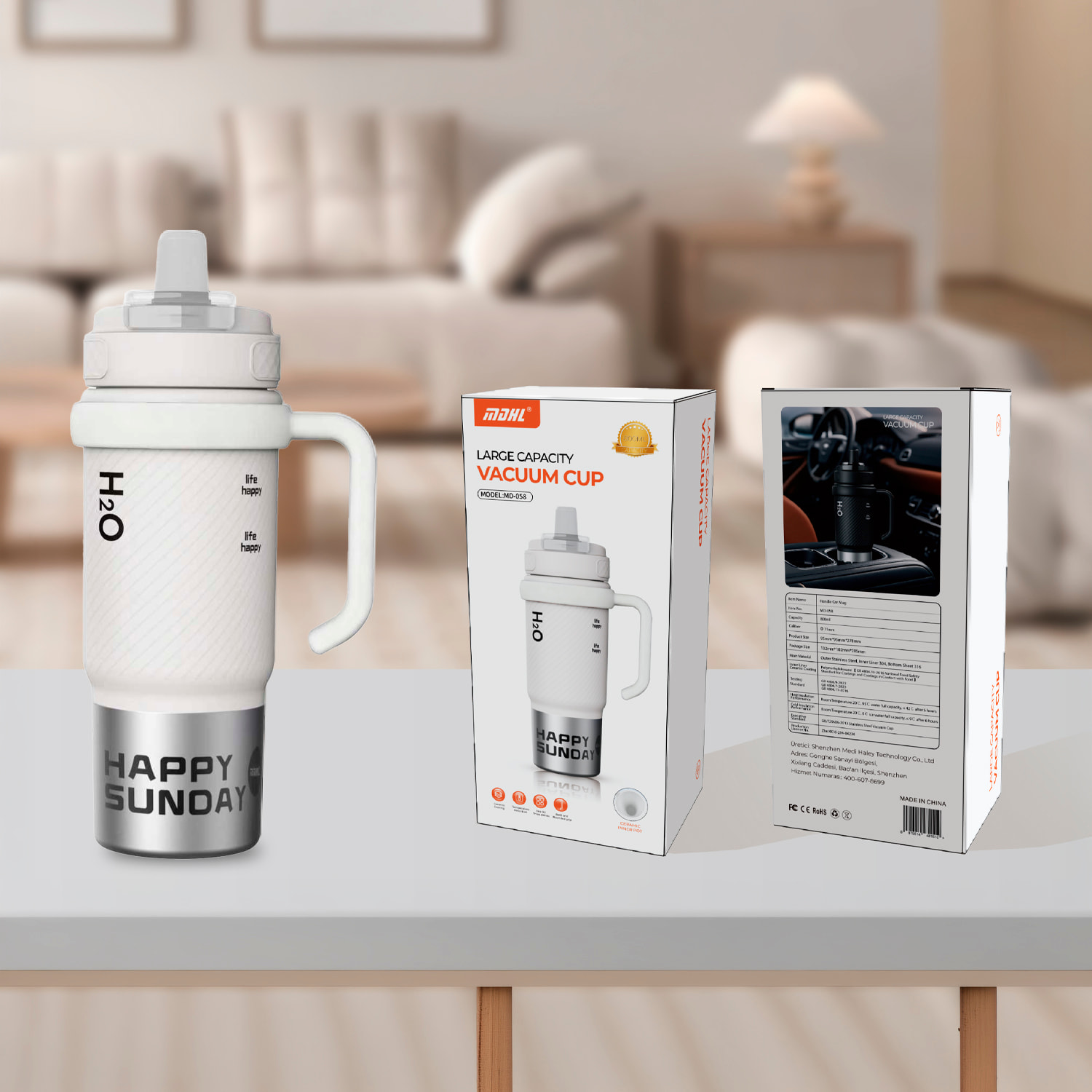 Termo MD-058 de 800 ml con sellado antifugas, filtro colador integrado y pajita incluida. Tapa con doble apertura, asa de transporte e interior de acero inoxidable.